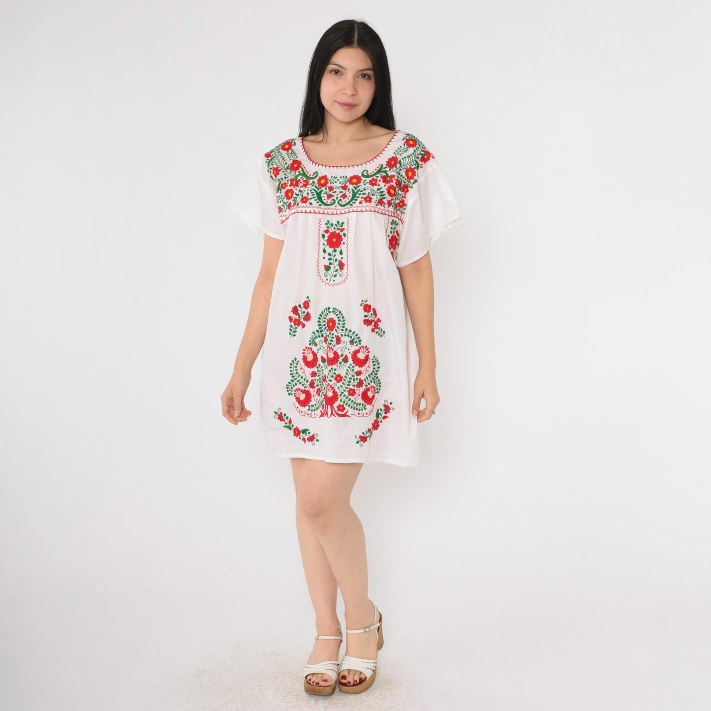 90s Mexican Embroidered Mini Dress White Floral Red Green Short Sleeve Medium M
