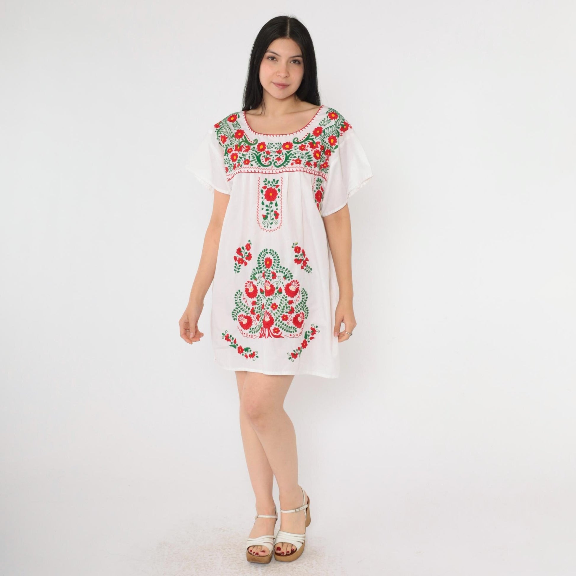 90s Mexican Embroidered Mini Dress White Floral Red Green Short Sleeve Medium M