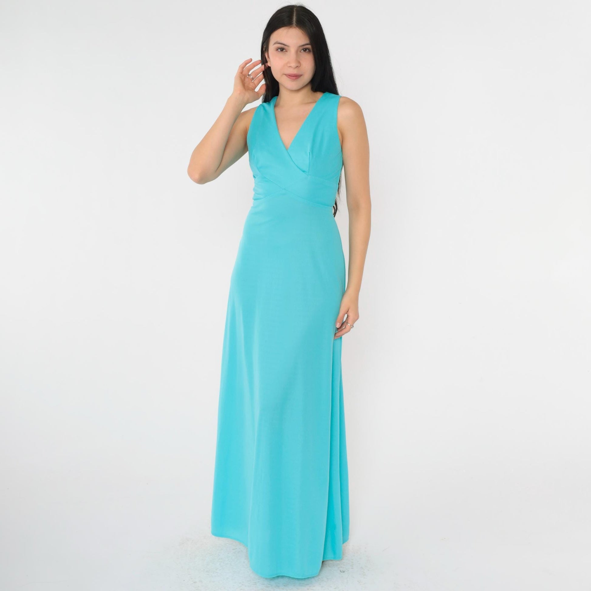 70s Turquoise Maxi Dress V Neck High Waist Sleeveless Gown Extra Small