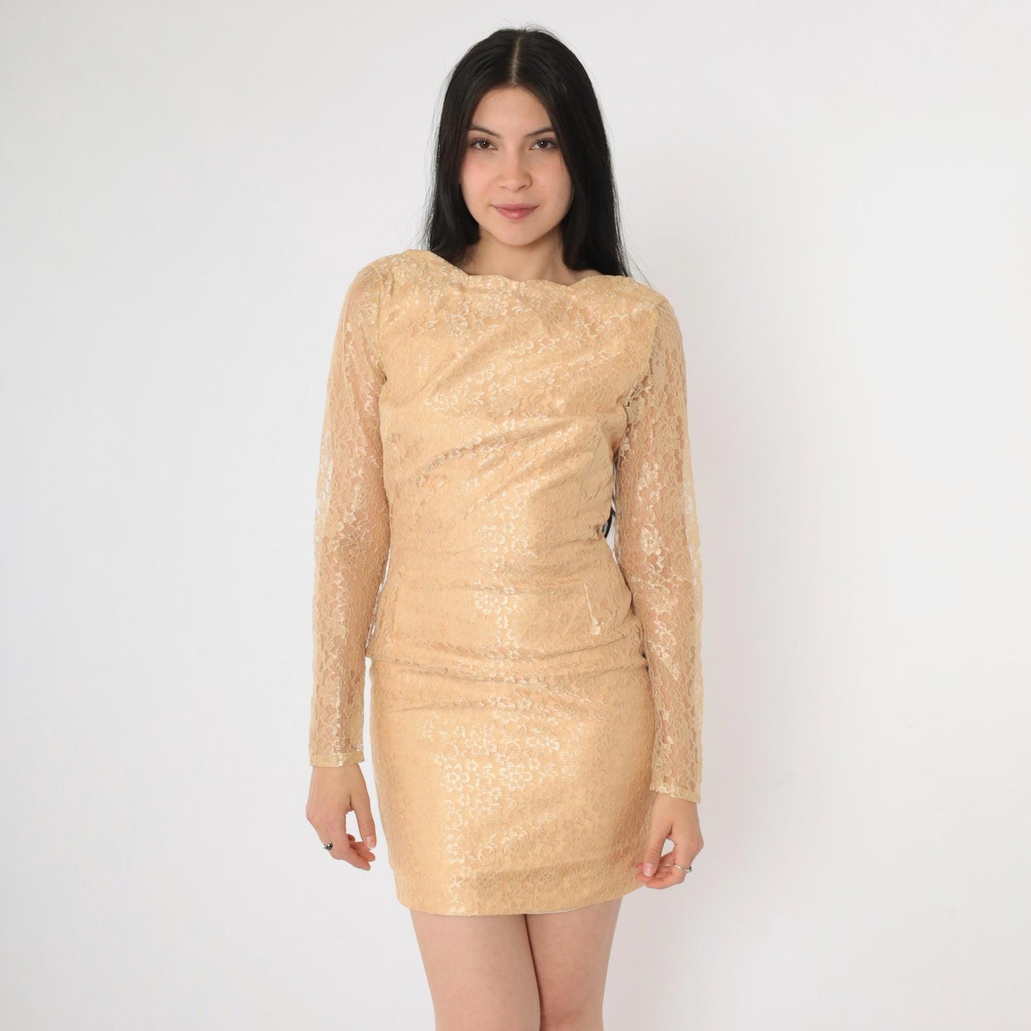 1960s Gold Lace Mini Dress Scalloped Open Back Sheer Sleeves Extra Small