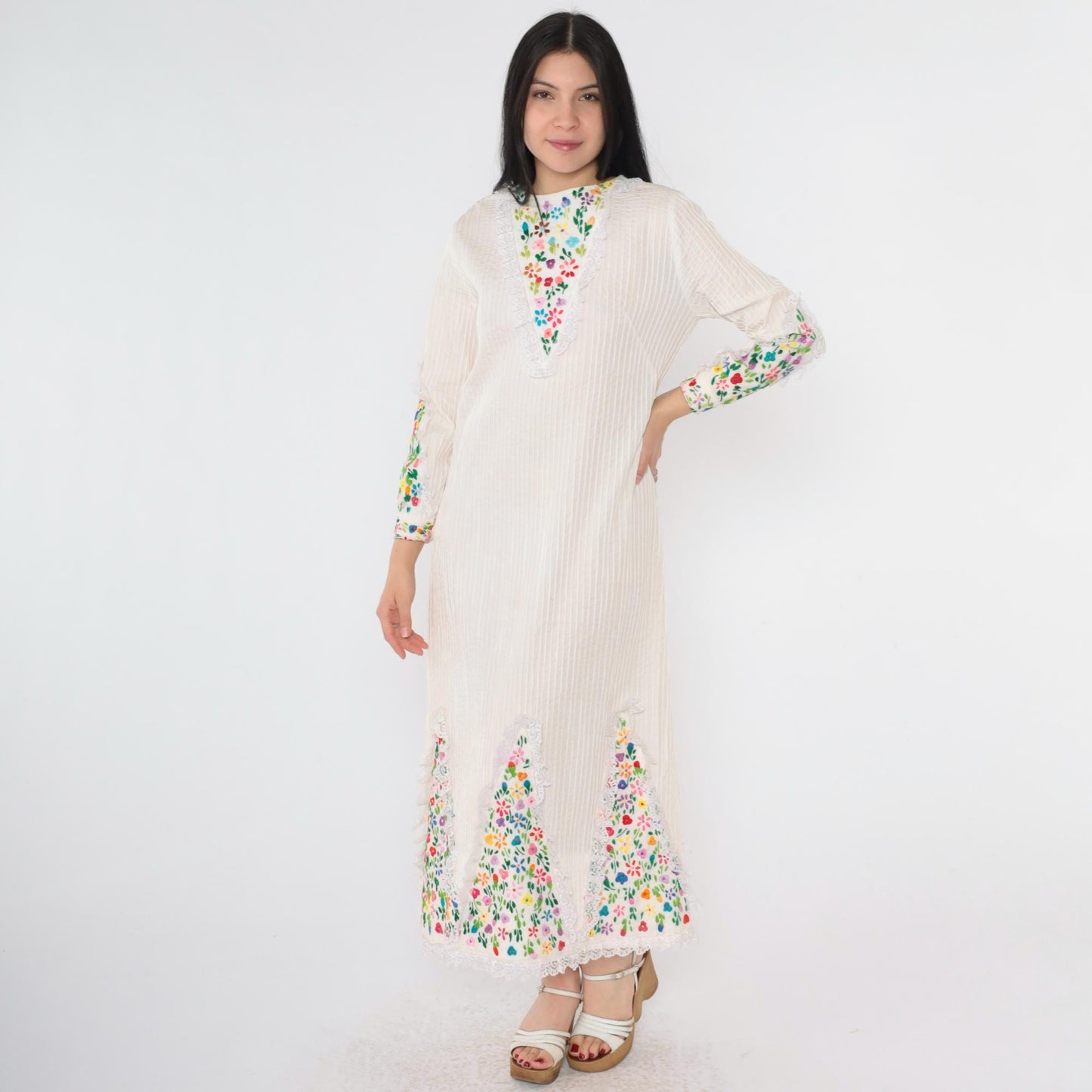 1970s Mexican Floral Embroidered Midi Dress Rainbow Lace Trim Shift Medium M