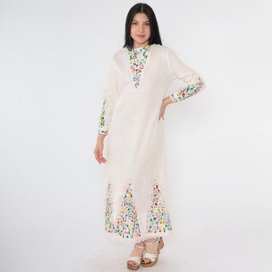 1970s Mexican Floral Embroidered Midi Dress Rainbow Lace Trim Shift Medium M