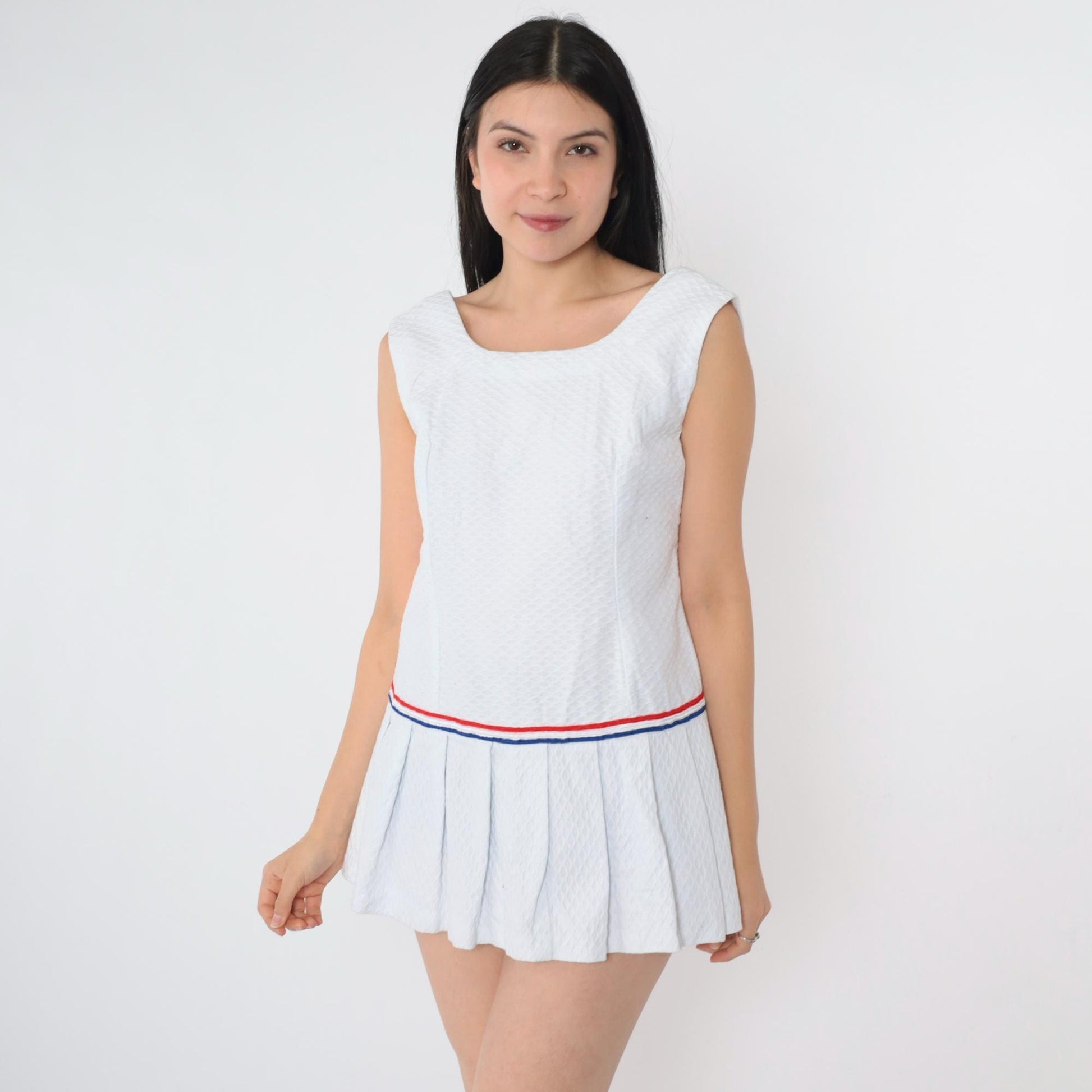 60s Mod Scooter Dress White Drop Waist Pleated Mini Sleeveless Small
