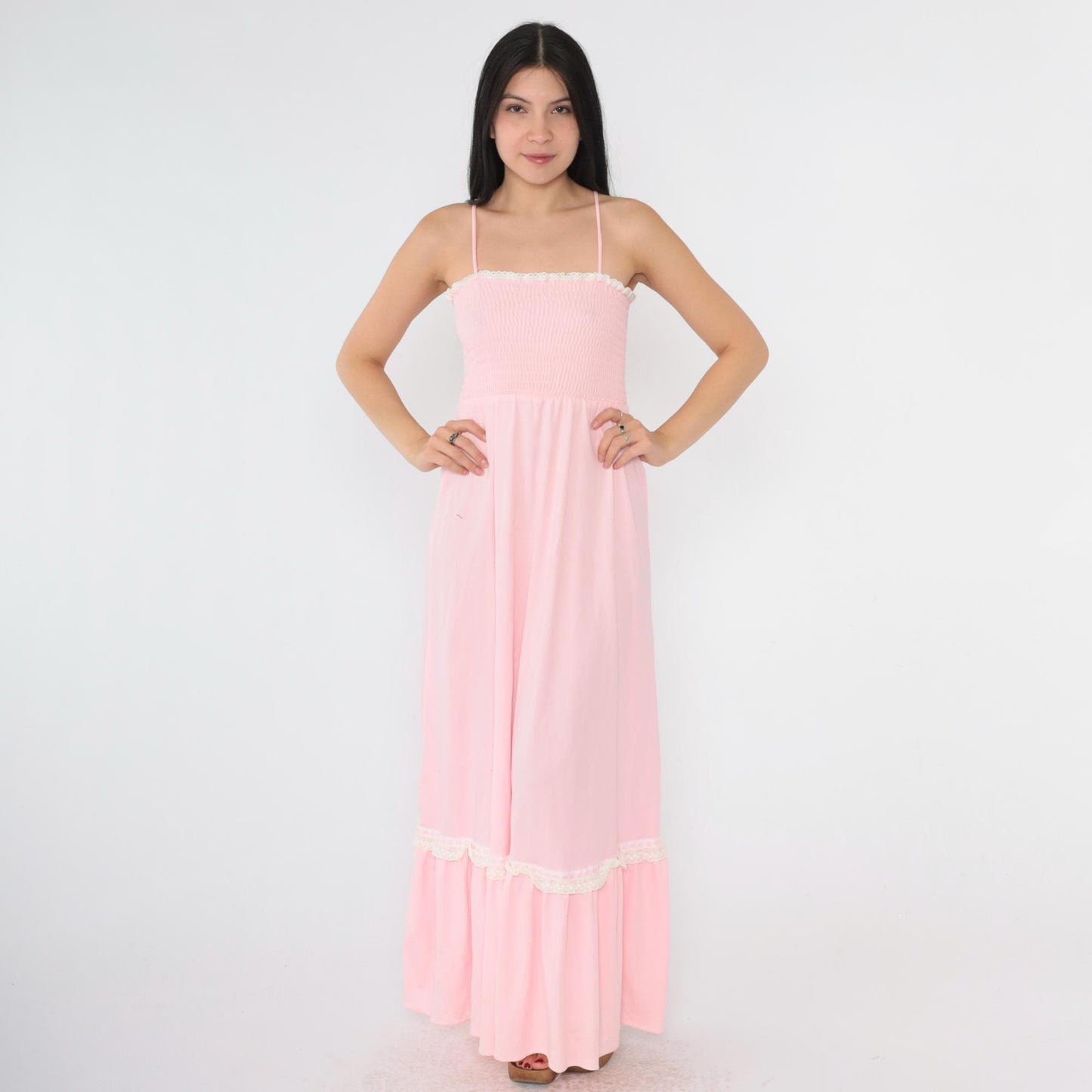 70s Baby Pink Maxi Sundress Smocked High Waist Spaghetti Strap Extra Small