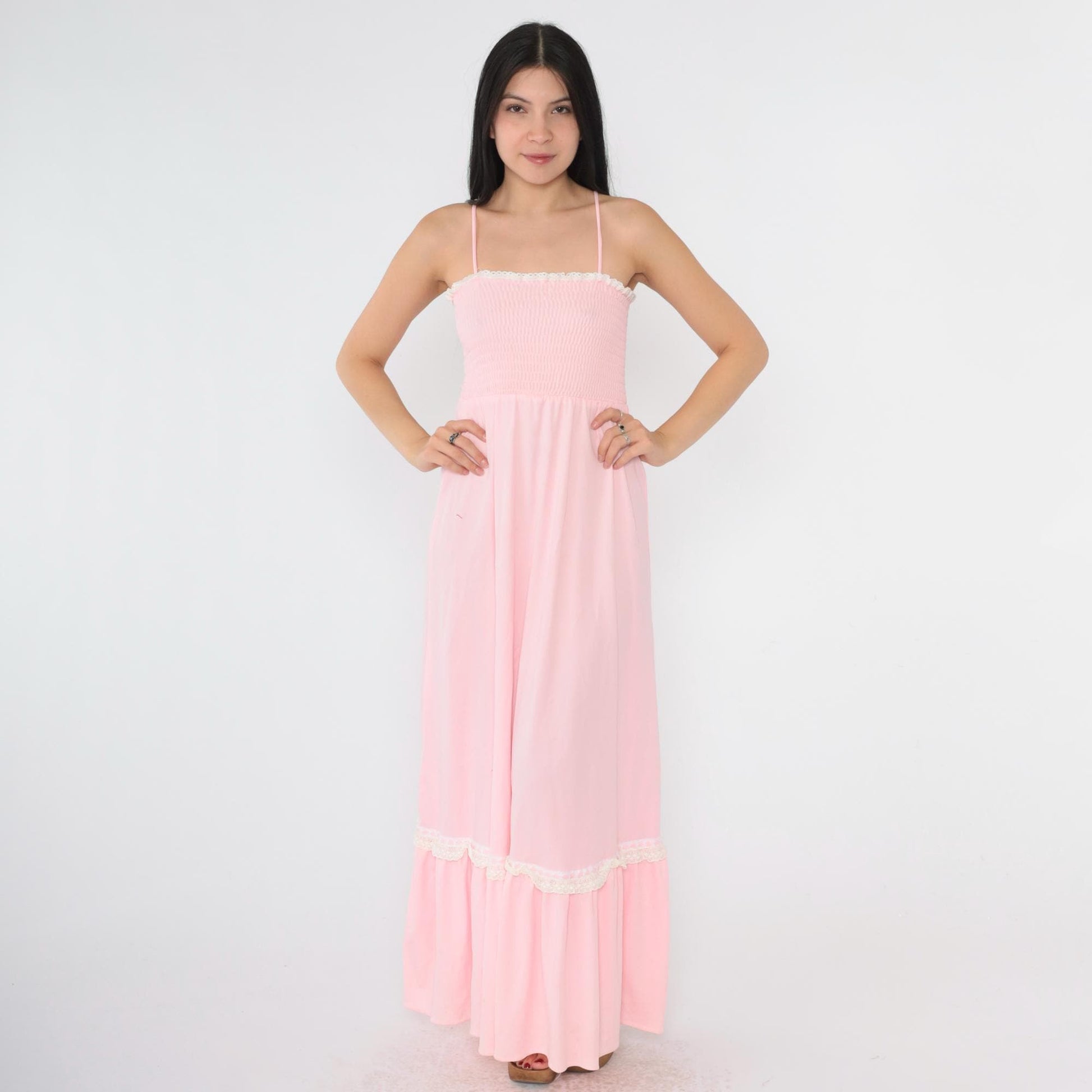 70s Baby Pink Maxi Sundress Smocked High Waist Spaghetti Strap Extra Small