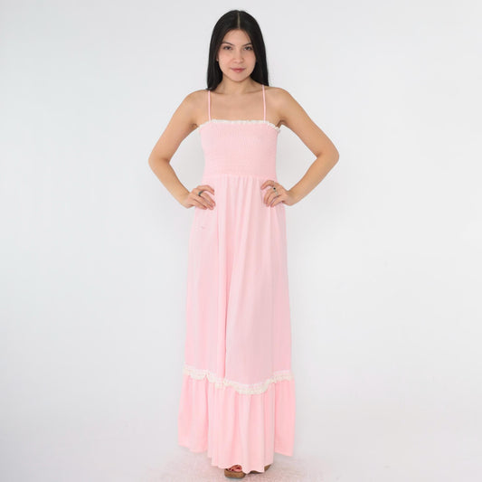 70s Baby Pink Maxi Sundress Smocked High Waist Spaghetti Strap Extra Small