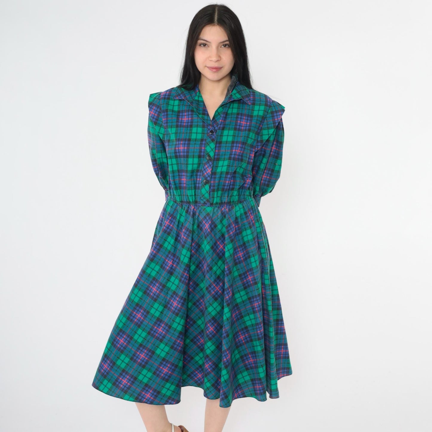 80s Blue Green Plaid Midi Shirt Dress High Waist Collared Button Up Small S