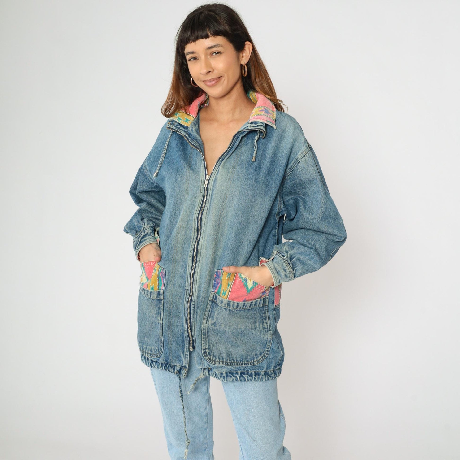 90s Southwestern Denim Jacket Blue Aztec Patch Jean Coat Medium M