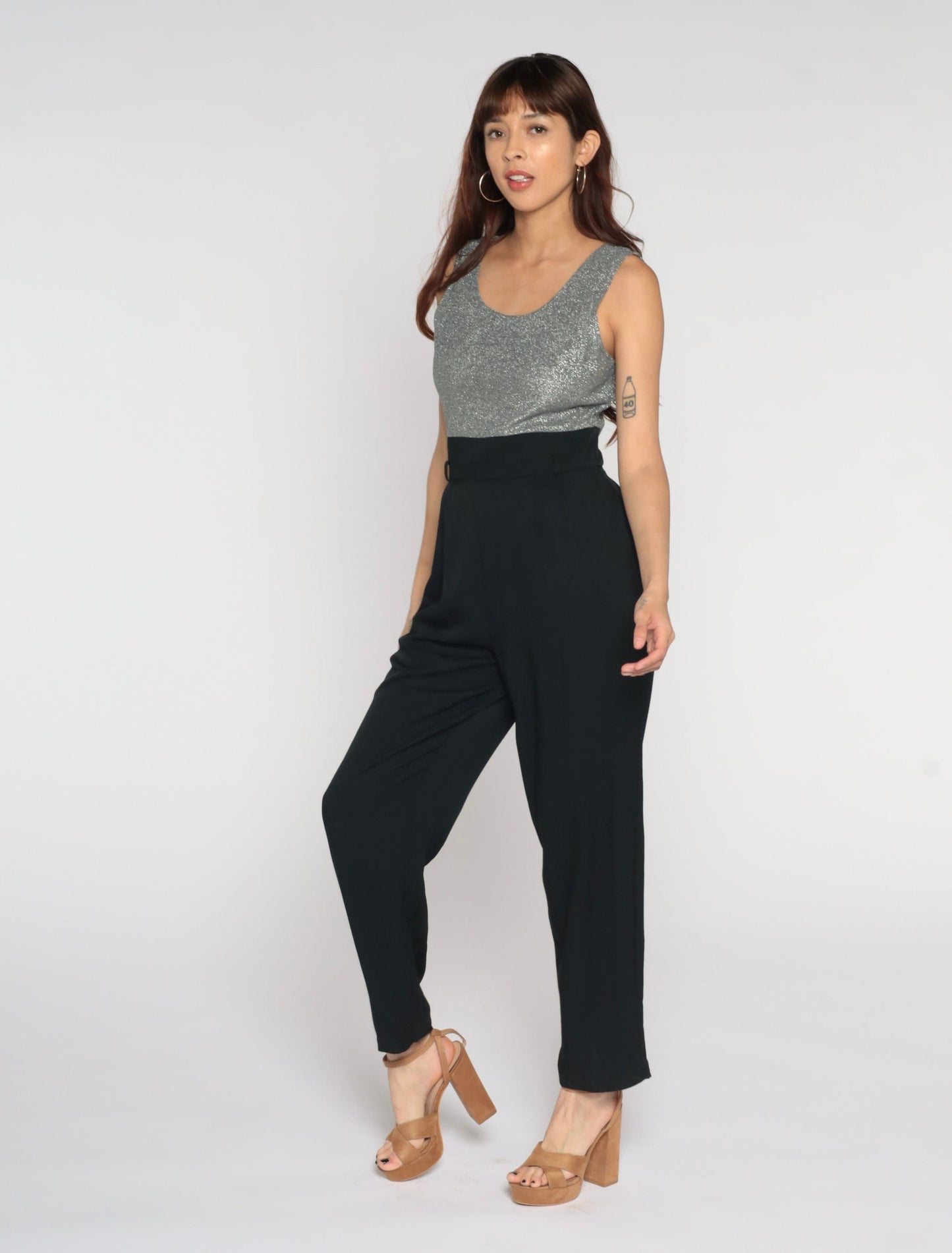 90s Black Wide Leg Jumpsuit Silver Metallic Bodice Sleeveless High Waist Medium