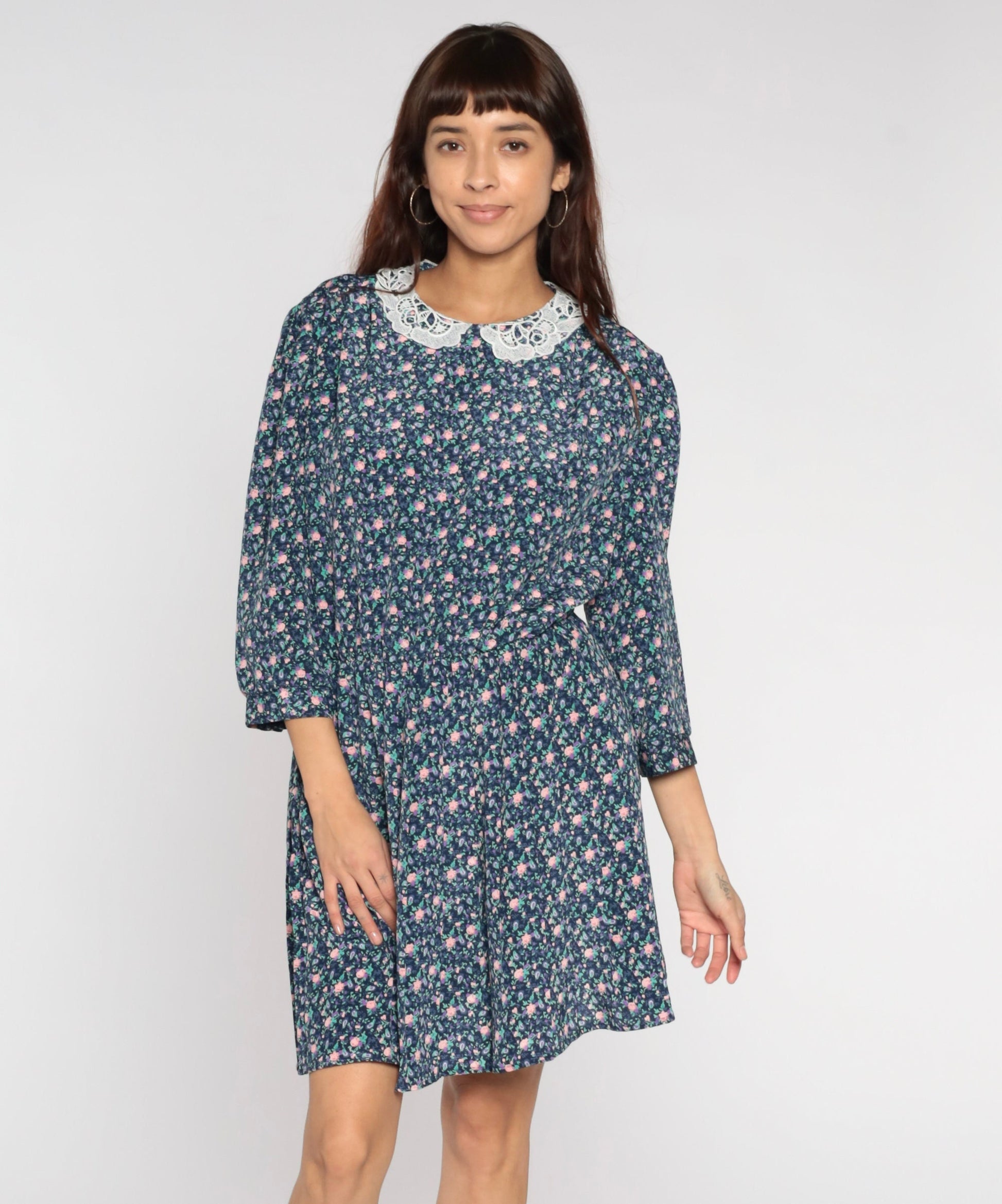 80s Blue Floral Mini Dress Lace Collar 3/4 Sleeve Plus Size XL