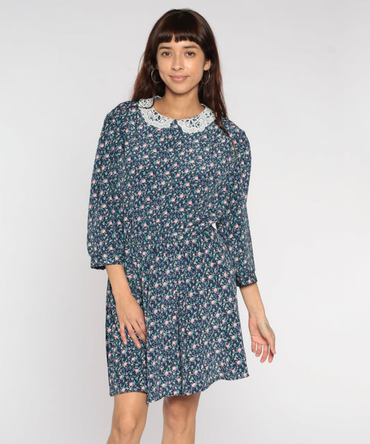 80s Blue Floral Mini Dress Lace Collar 3/4 Sleeve Plus Size XL