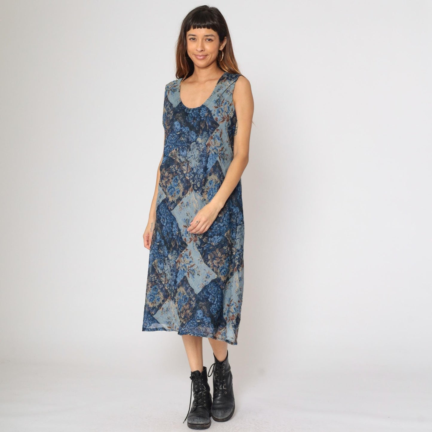 90s K Studio Patchwork Floral Midi Dress Blue Sleeveless Scoop Neck Size 18