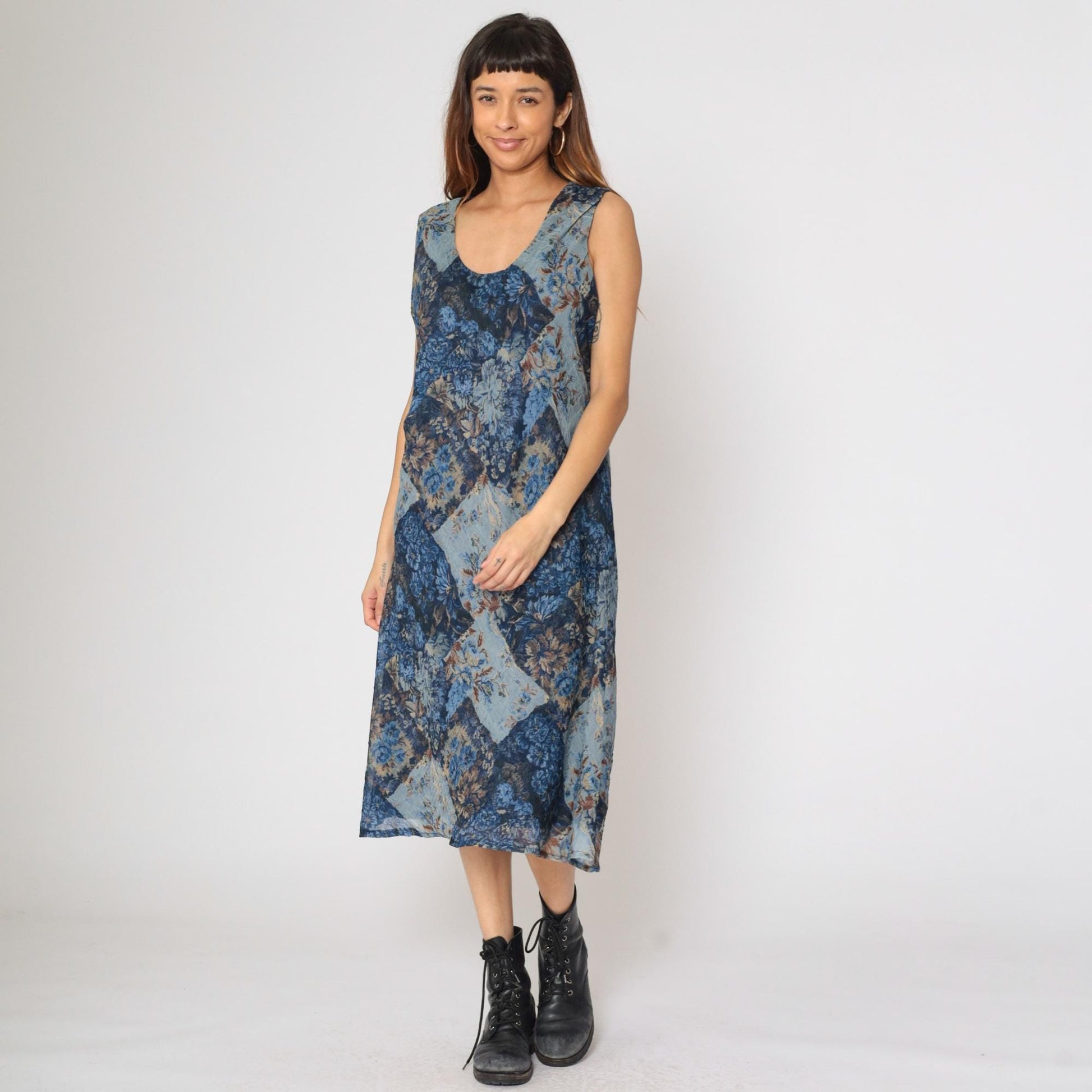 90s K Studio Patchwork Floral Midi Dress Blue Sleeveless Scoop Neck Size 18