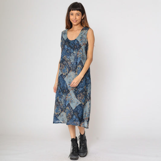 90s K Studio Patchwork Floral Midi Dress Blue Sleeveless Scoop Neck Size 18