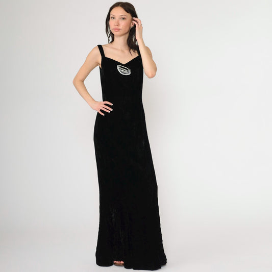 90s Black Velvet Maxi Dress Rosette Sweetheart Neckline Sleeveless Small