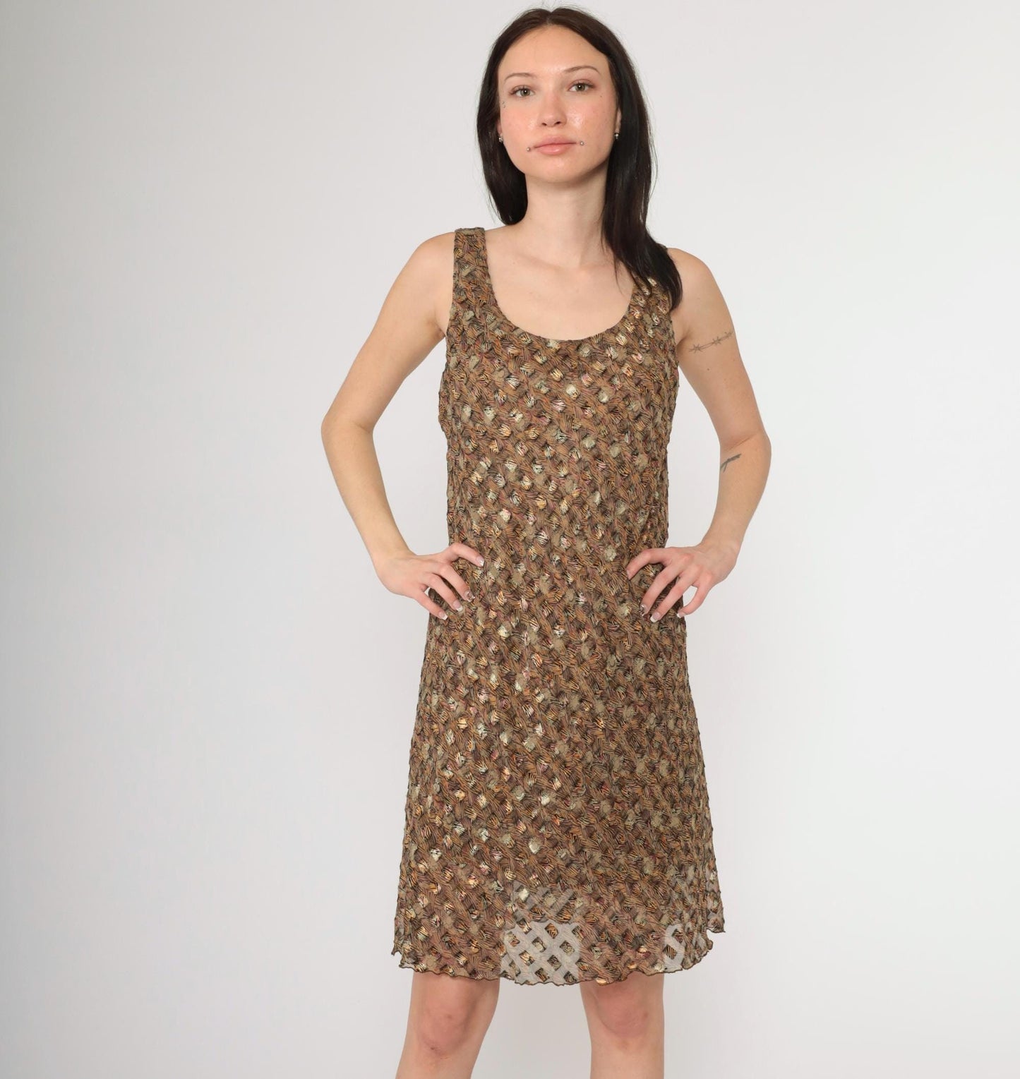 90s Sheer Metallic Floral Abstract Chiffon Mini Dress Scoop Neck Sleeveless Large L