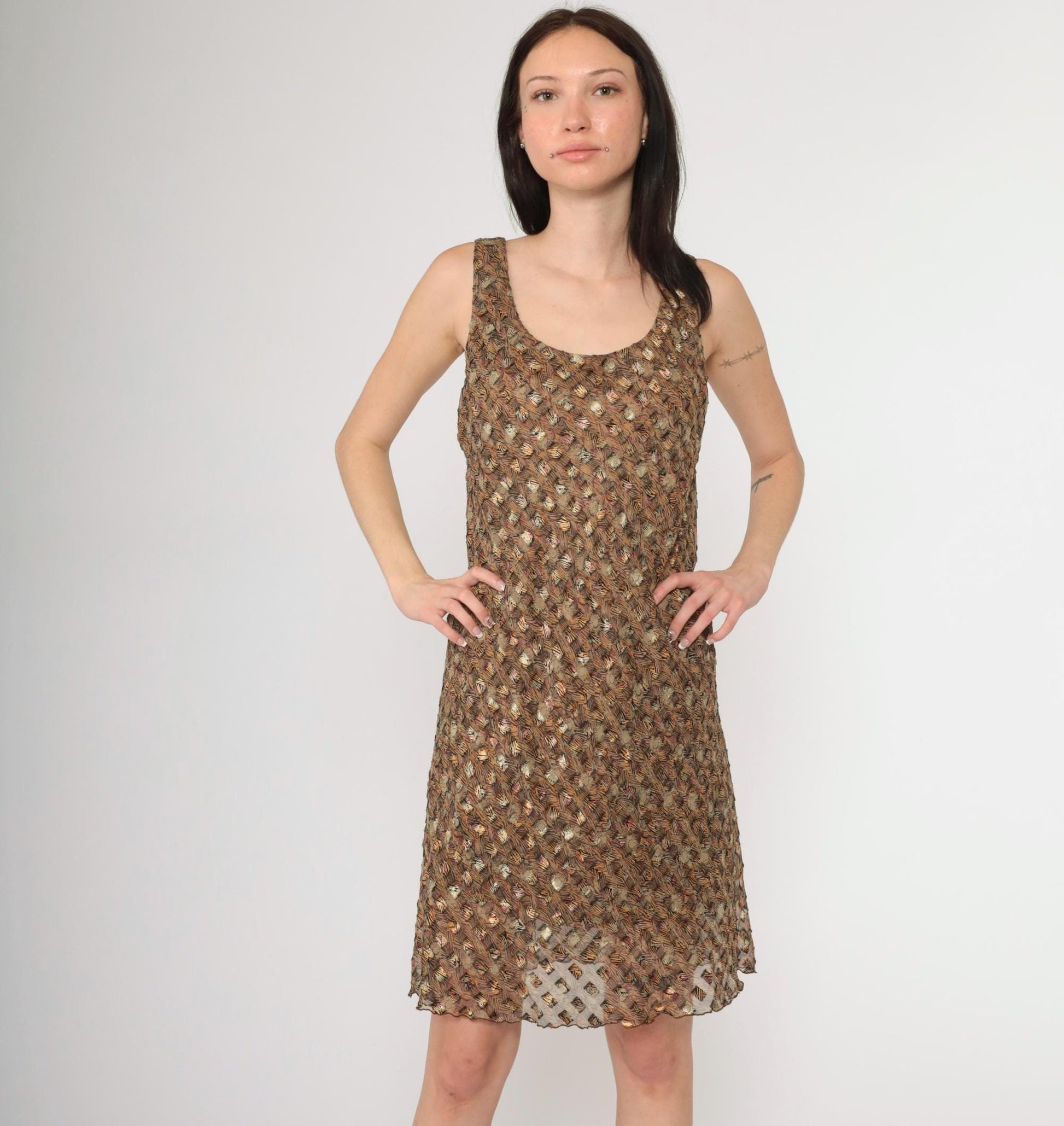 90s Sheer Metallic Floral Abstract Chiffon Mini Dress Scoop Neck Sleeveless Large L