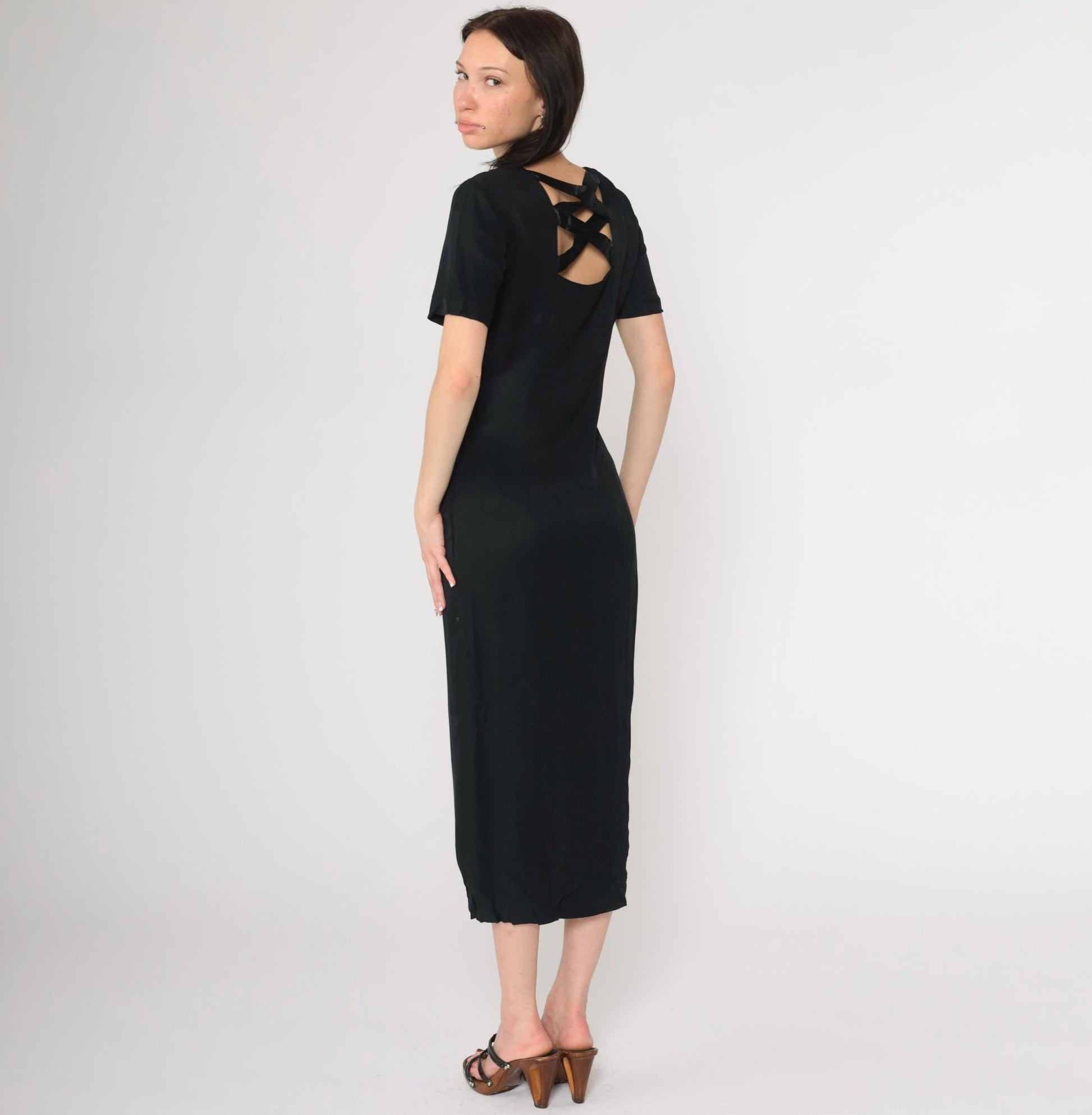 90s Betsy New York Black Midi Dress Cage Back Button Front Slit Small