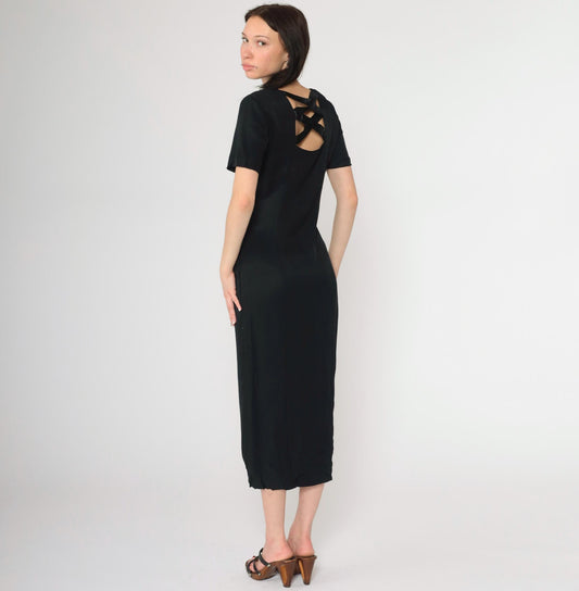 90s Betsy New York Black Midi Dress Cage Back Button Front Slit Small