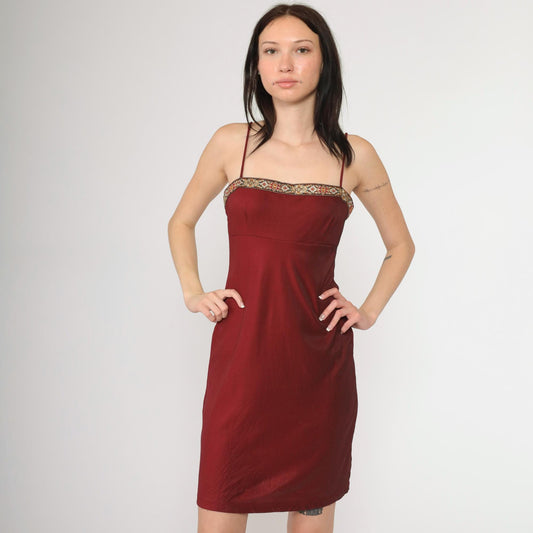90s Burgundy Spaghetti Strap Mini Dress Embroidered Square Neckline Empire Waist Small