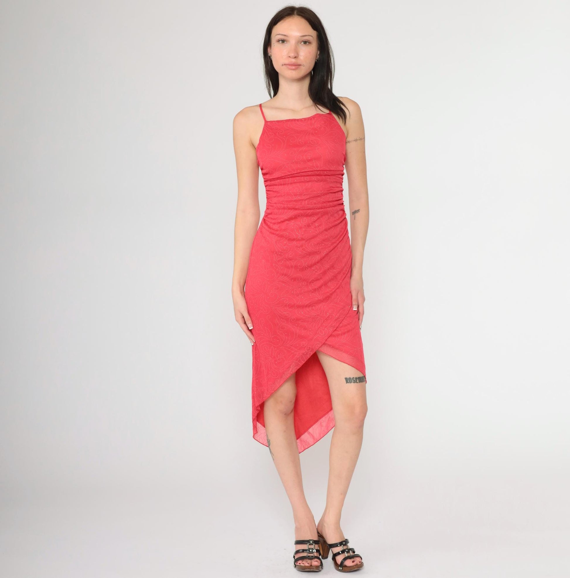 Y2K Coral Glitter Dot Asymmetrical Midi Dress Spaghetti Strap Ruched Small
