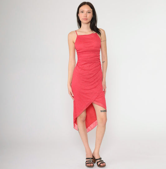 Y2K Coral Glitter Dot Asymmetrical Midi Dress Spaghetti Strap Ruched Small