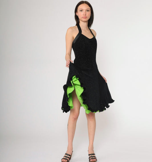 90s Black Glitter Halter Dress Lime Green Lining Knee Length Small