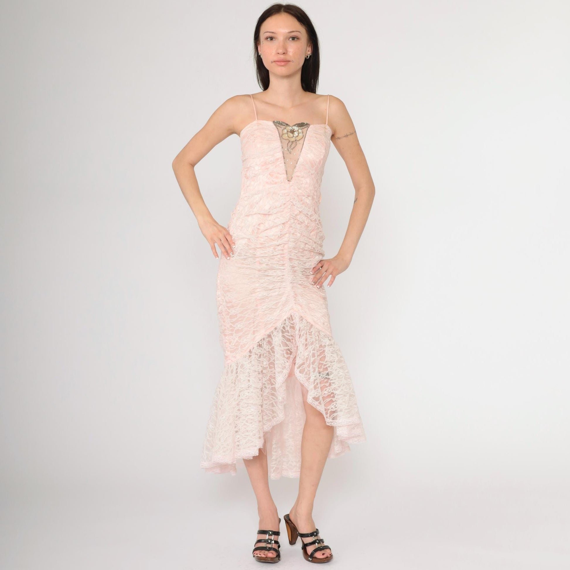 80s Pink Lace Beaded Sequin Evening Dress Sweetheart Neckline Spaghetti Strap Extra Small