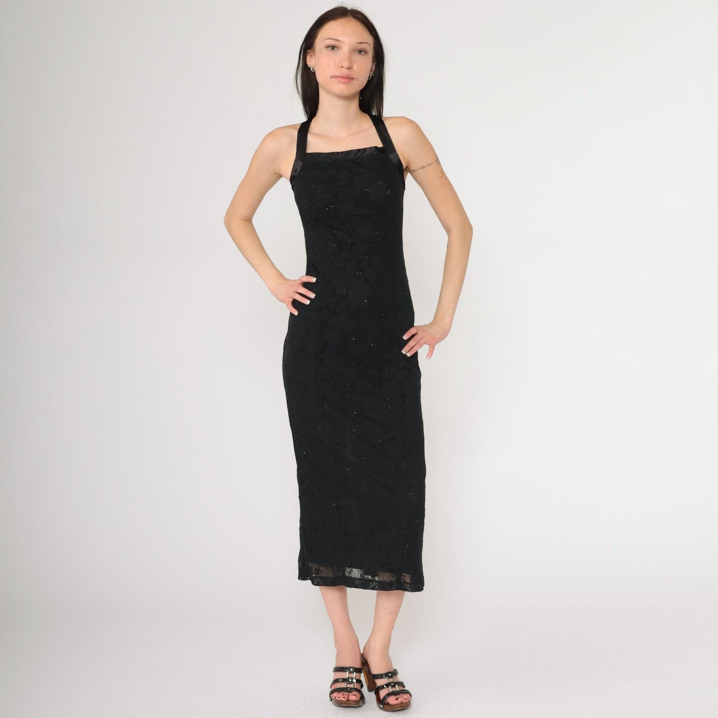 90s Black Flocked Velvet Midi Dress Criss-Cross Satin Straps Y2K Extra Small