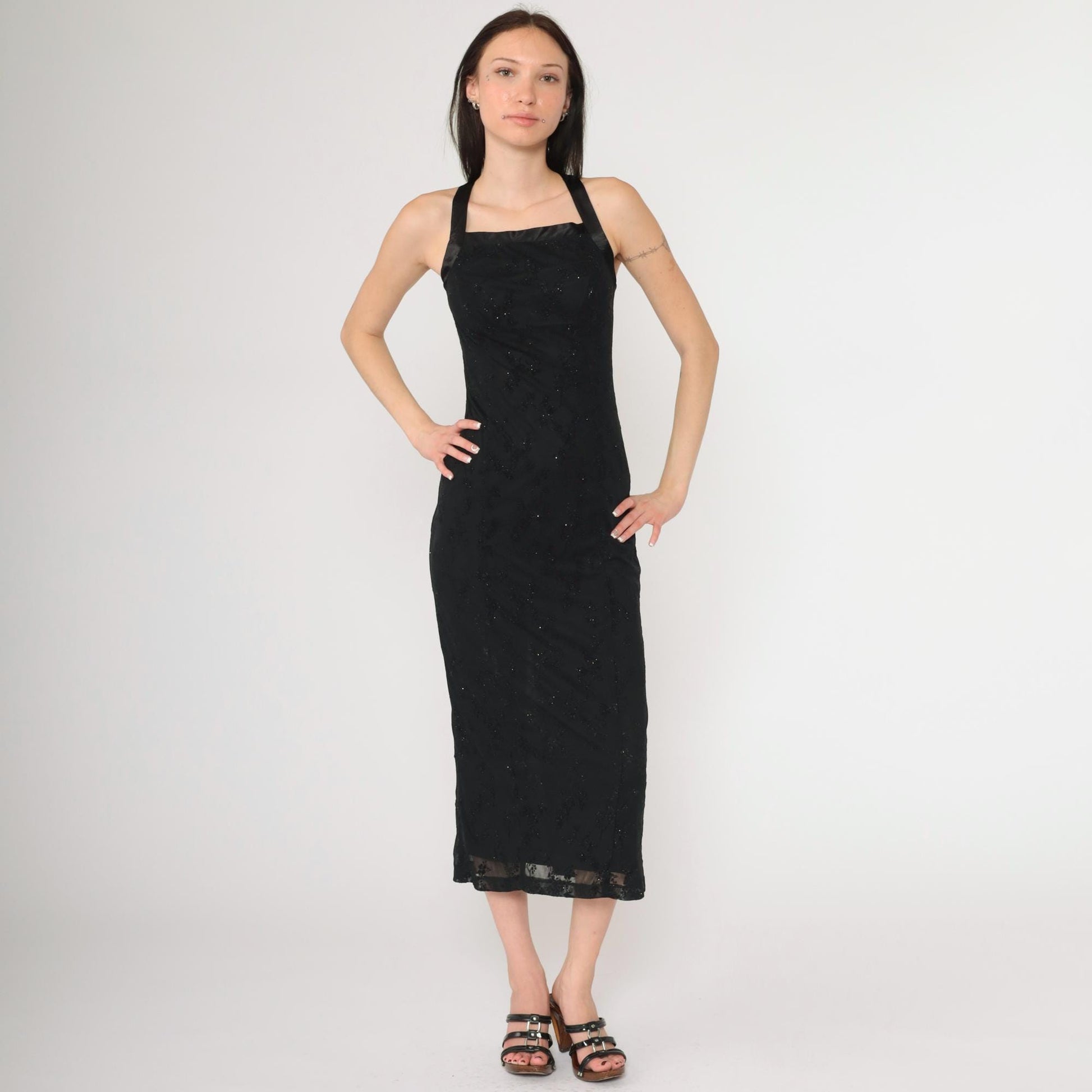 90s Black Flocked Velvet Midi Dress Criss-Cross Satin Straps Y2K Extra Small