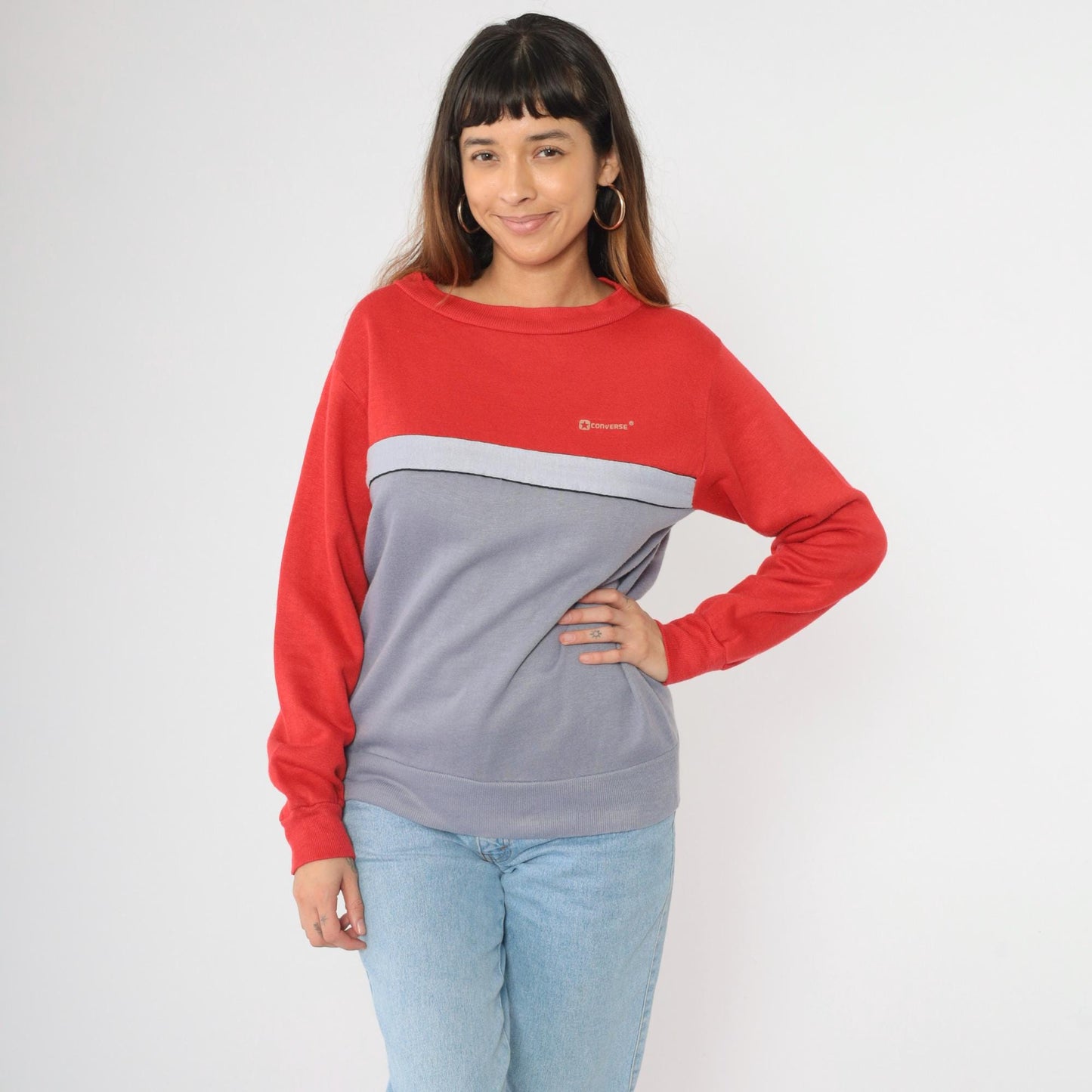 80s Converse Striped Sweatshirt Red Grey Color Block Crewneck Medium