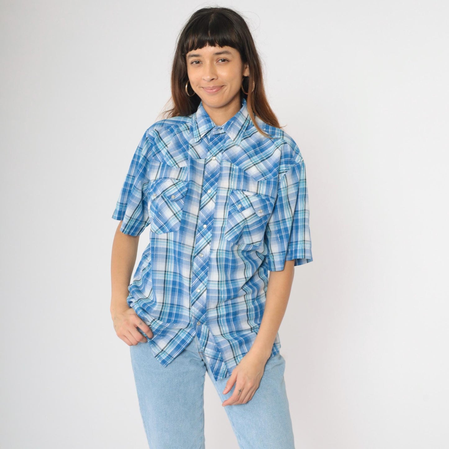 90s Rustler by Wrangler Western Shirt Blue Plaid Pearl Snap Metallic Large