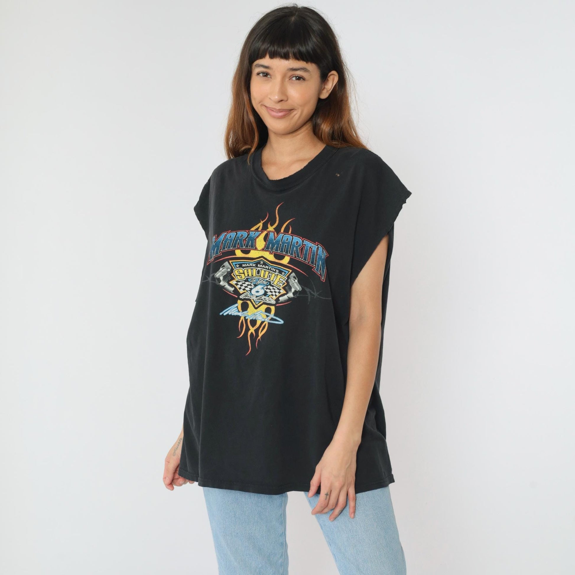 Y2K NASCAR Mark Martin Flame Graphic Muscle Tee Black XXL