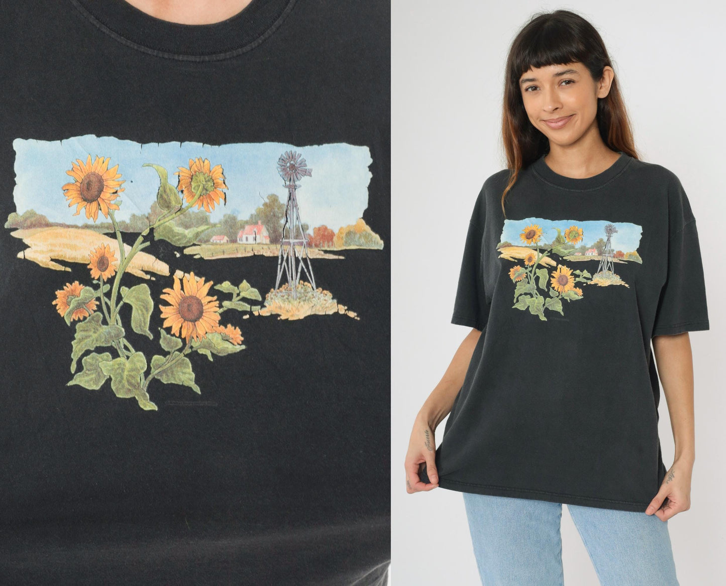 Y2K Farm Windmill Sunflower Graphic T-Shirt Black Cotton Crewneck Medium