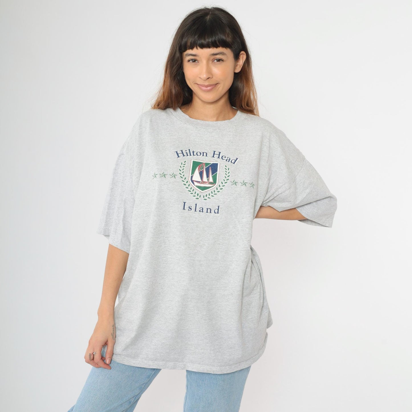 90s Hilton Head Island Sailboat Graphic T-Shirt Grey Striped Crewneck XXL