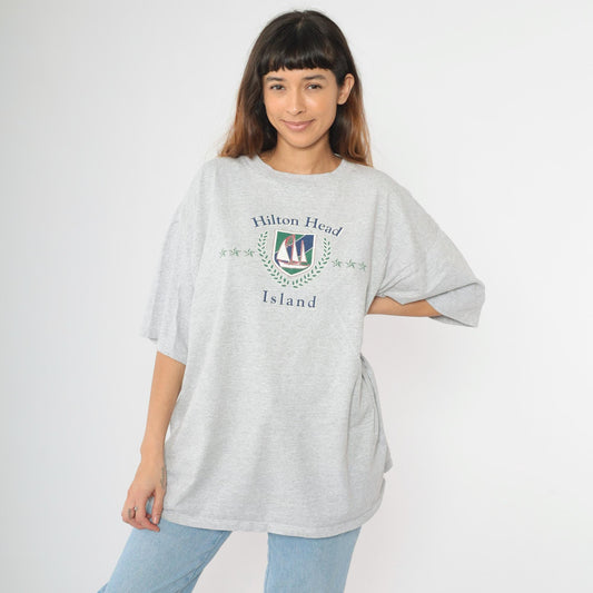 90s Hilton Head Island Sailboat Graphic T-Shirt Grey Striped Crewneck XXL