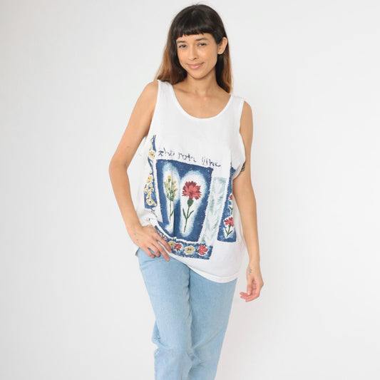 90s Floral Scoop Neck Tank Top White Botanical Graphic Large L
