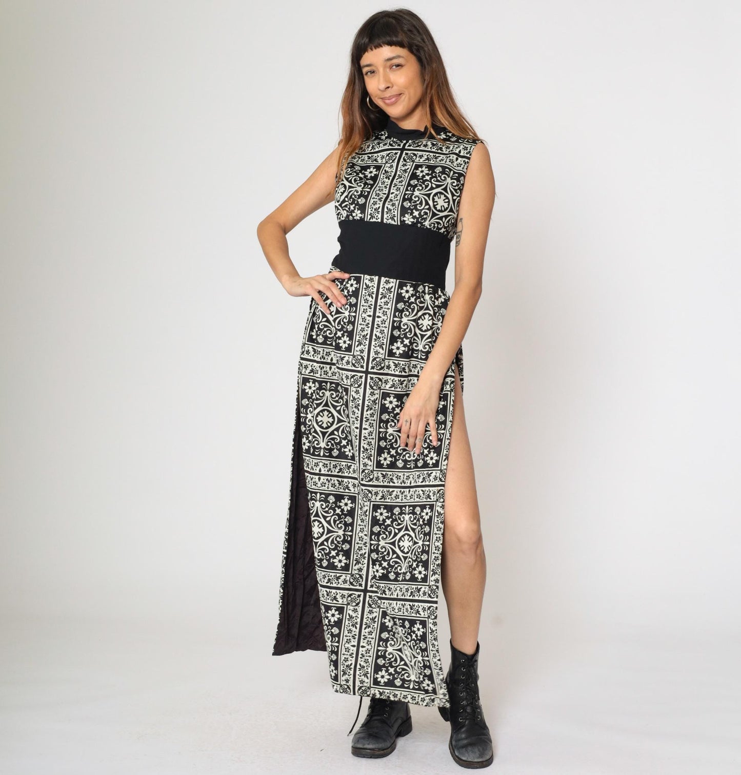 70s Black White Damask Floral Maxi Dress Mock Neck High Slit Small