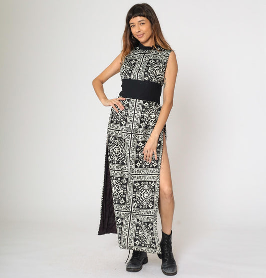 70s Black White Damask Floral Maxi Dress Mock Neck High Slit Small