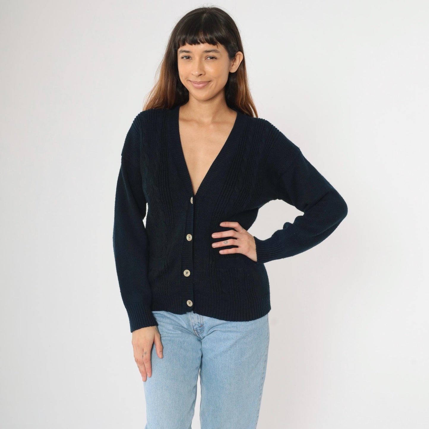 90s Navy Cable Knit Cardigan Button-Up V-Neck Sweater Small S