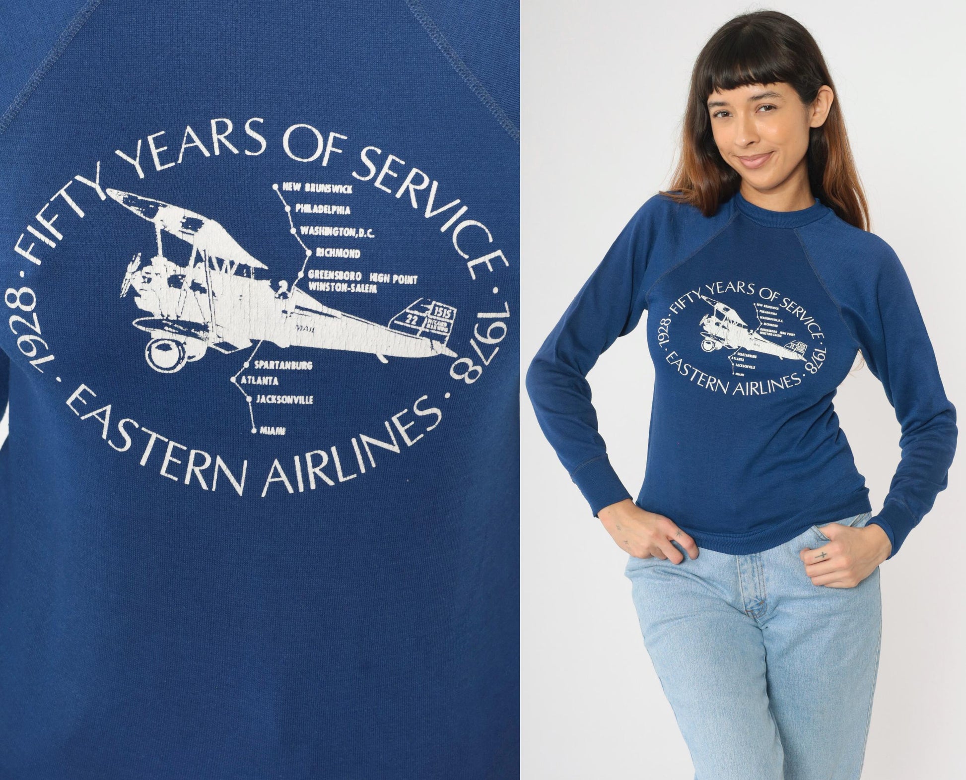 70s Eastern Airlines Sweatshirt Blue Airplane Graphic Raglan Crewneck Extra Small