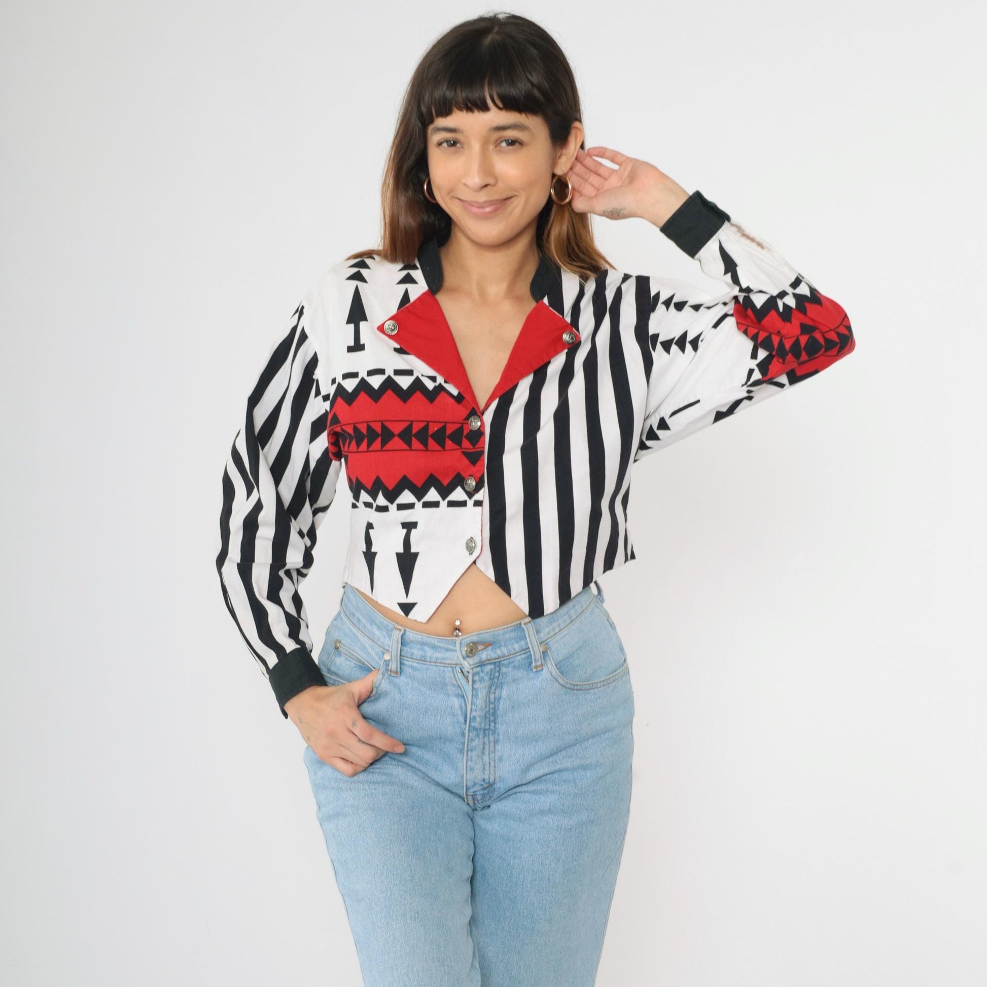 90s Mo Betta Western Crop Top Long Sleeve Button Up Red White Black Striped Medium