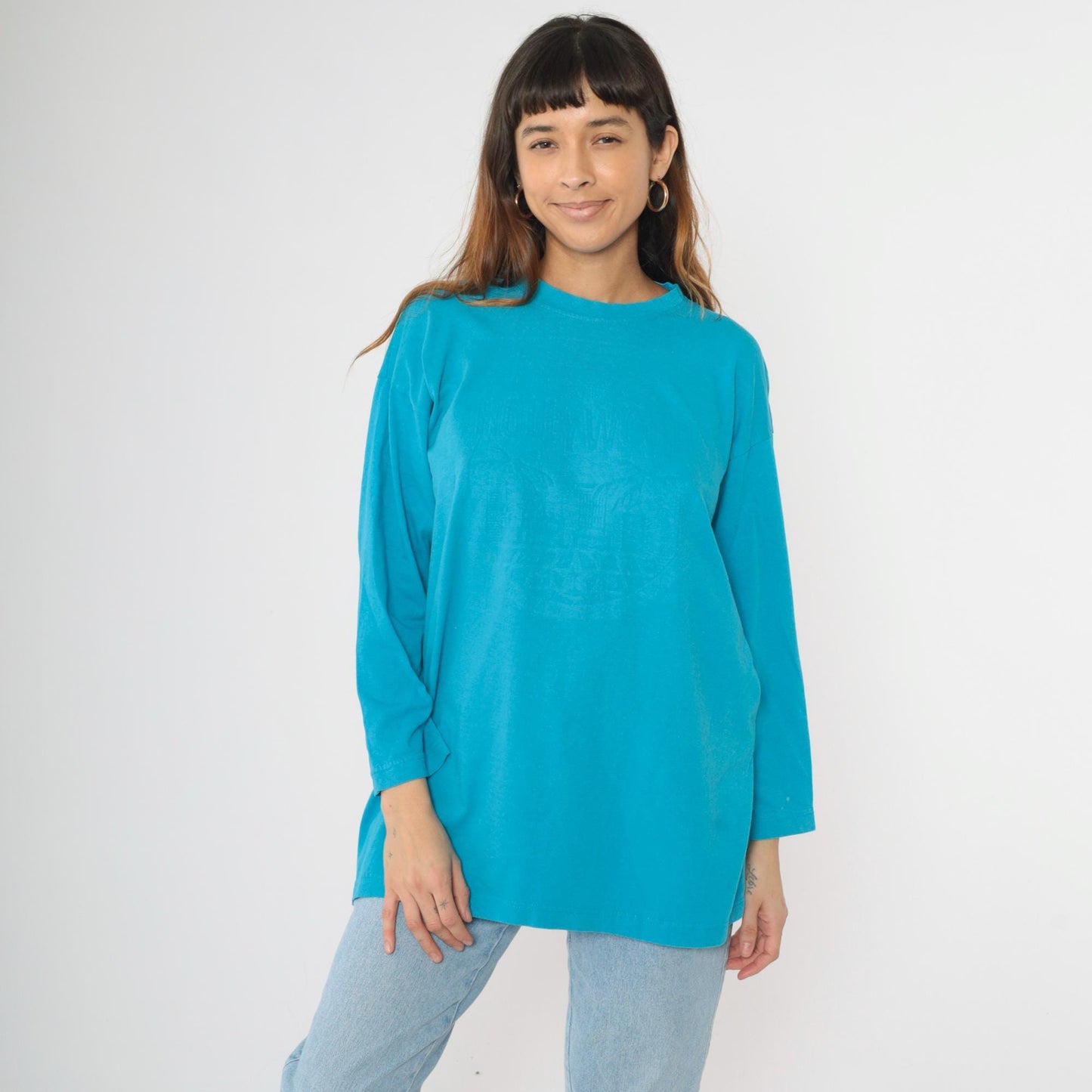 90s Hollywood Los Angeles Embossed Graphic Long Sleeve Tee Turquoise Extra Large XL