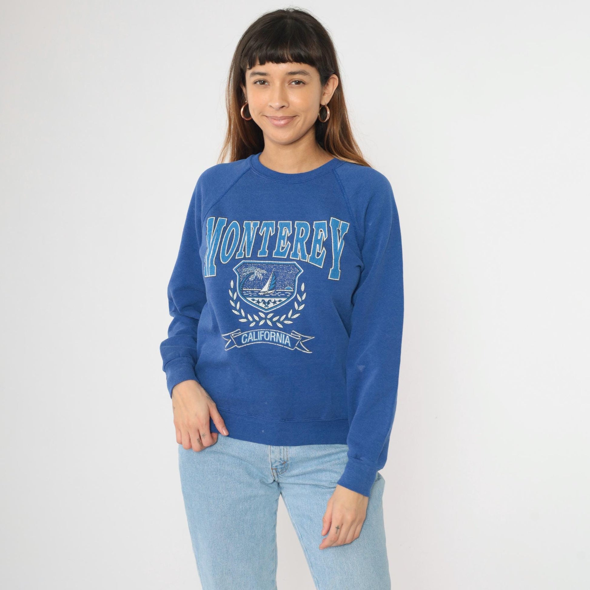 90s Monterey California Sailboat Sweatshirt Lee Blue Raglan Crewneck Small