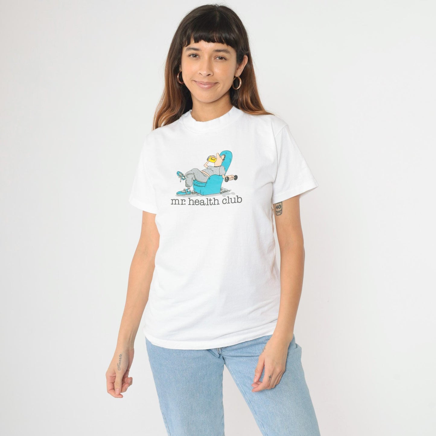 90s Jim Benton Mr. Health Club Graphic T-Shirt White Cotton Medium M