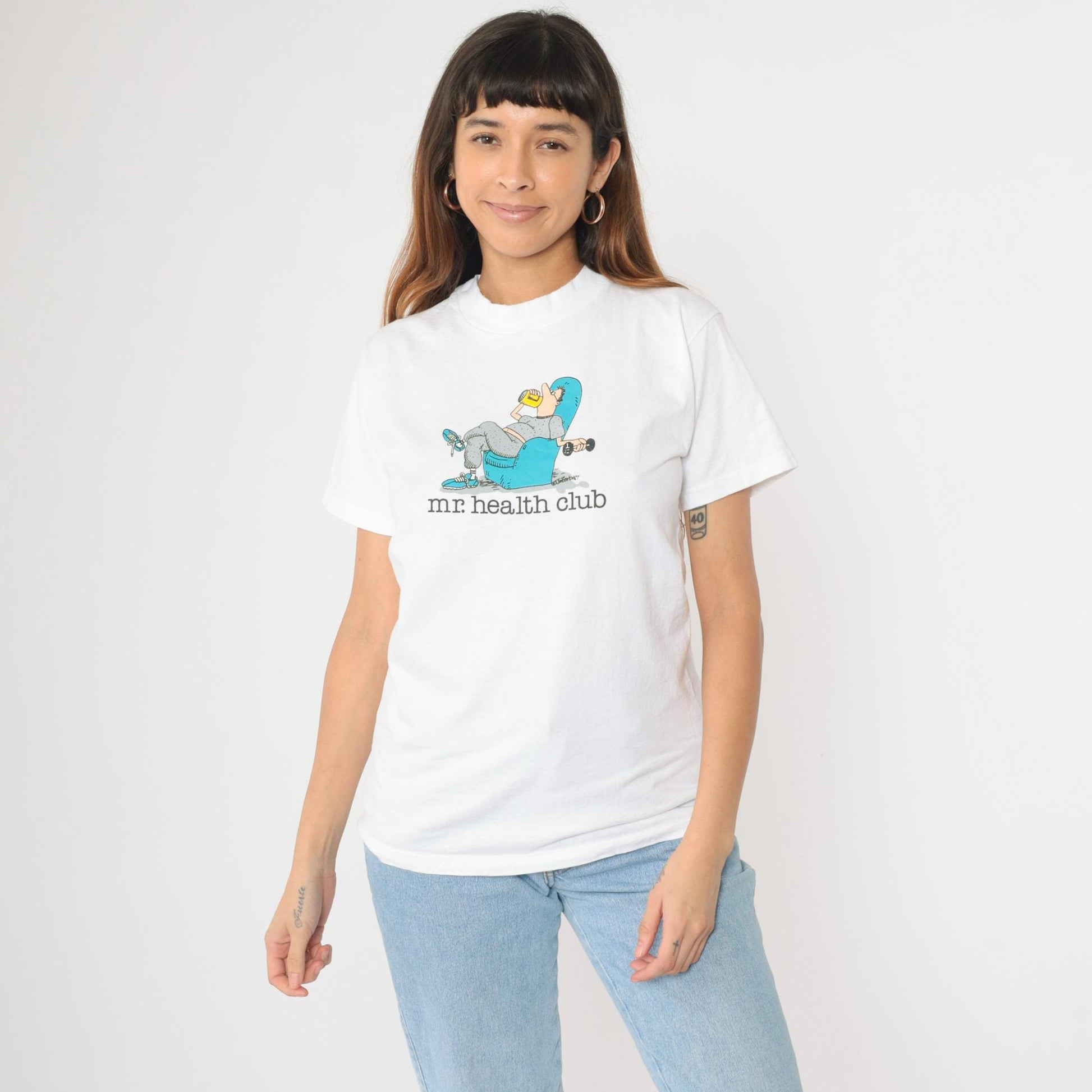 90s Jim Benton Mr. Health Club Graphic T-Shirt White Cotton Medium M