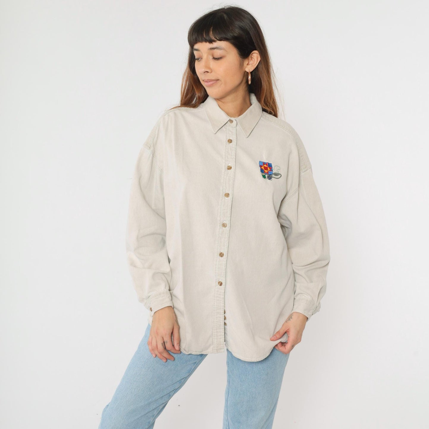 90s Three Rivers Beige Denim Shirt Quilting Embroidery Button Up Extra Large XL