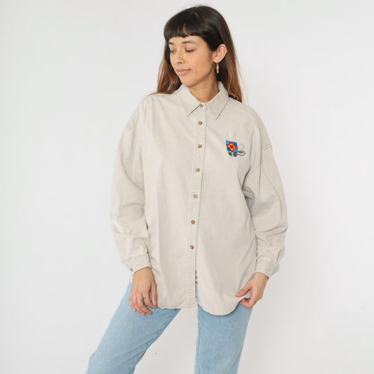 90s Three Rivers Beige Denim Shirt Quilting Embroidery Button Up Extra Large XL