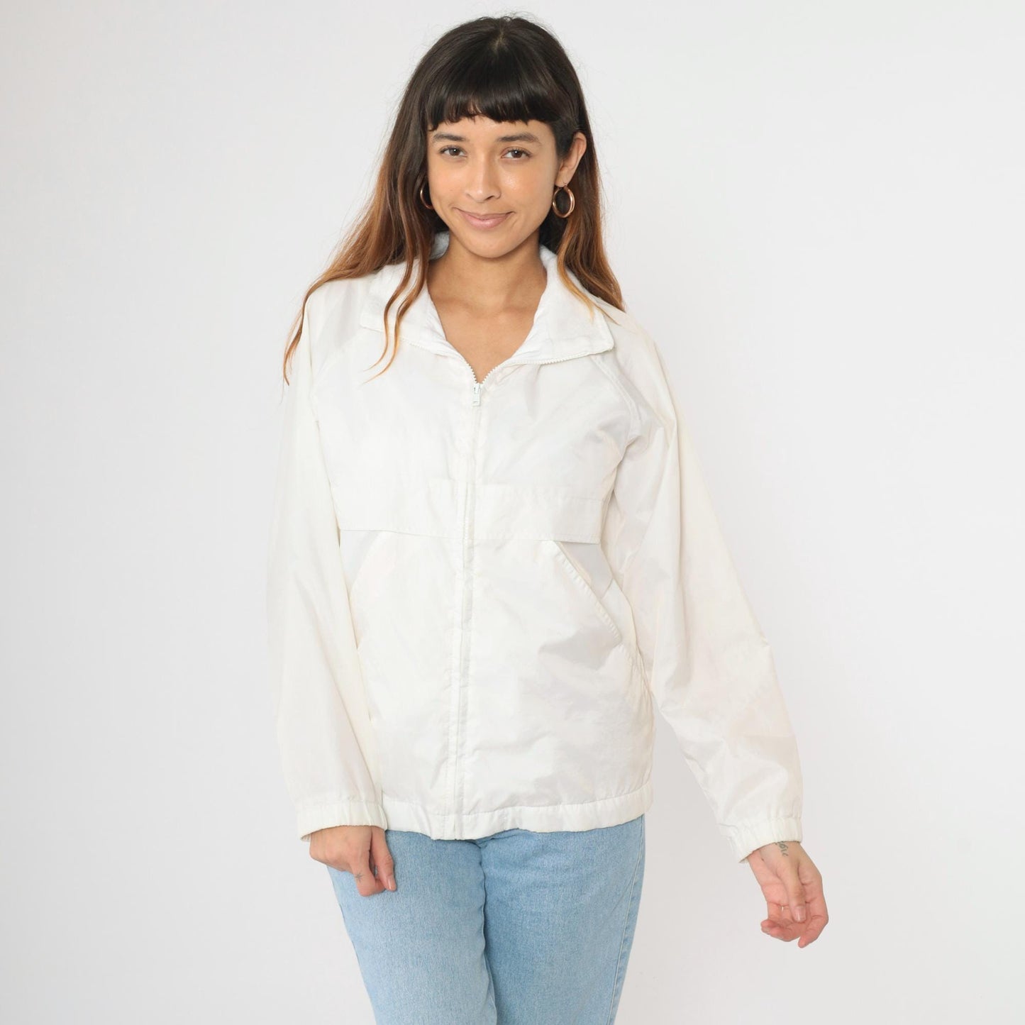 80s White Nylon Windbreaker Jacket Zip Up Raglan Sleeve Small S