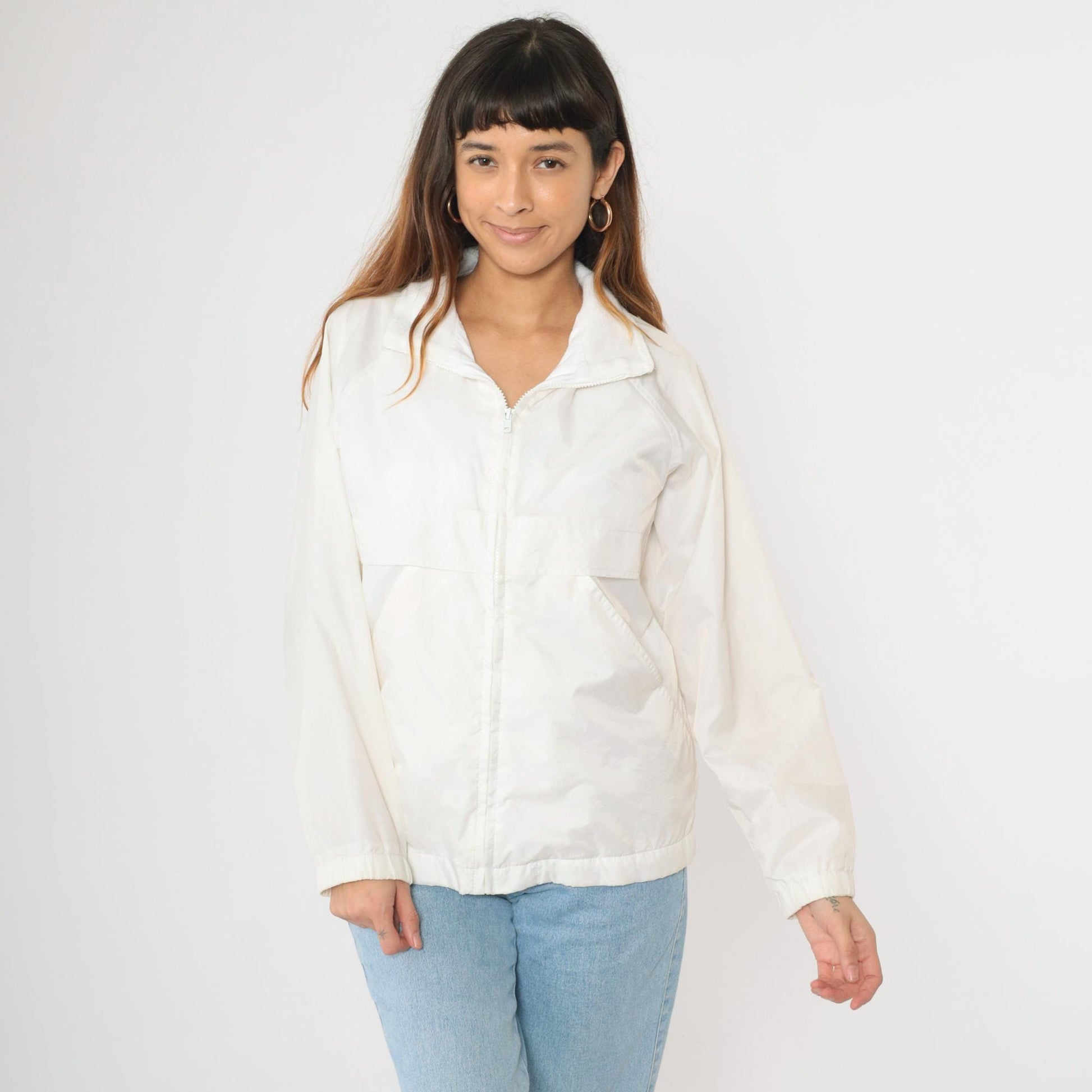 80s White Nylon Windbreaker Jacket Zip Up Raglan Sleeve Small S